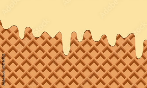 Seamless pattern with melting waffles and cream. Splashes of white milk or streams of soft-textured ice cream for a sweet dessert design