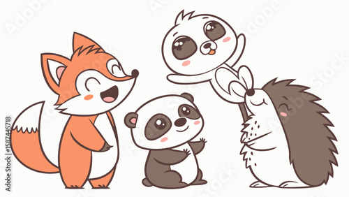 Illustration of a fox panda and hedgehog smiling and interacting with each other happily together