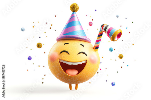 A cheerful party emoji celebrates with a festive hat, noisemaker, and colorful confetti on a bright white background, conveying joy and celebration.