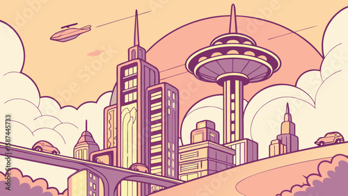 Illustration of a futuristic city skyline with tall buildings and flying vehicles in a pastel color scheme