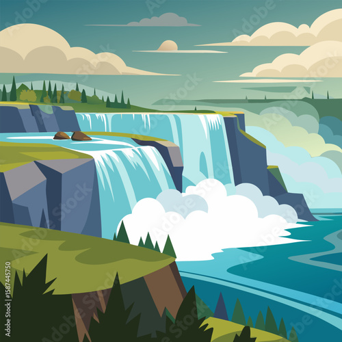 vector illustration of landscape with falls and mountains