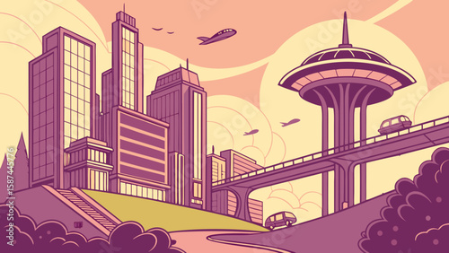 Illustration of futuristic city skyline with tall buildings tower and flying vehicles in the sky view