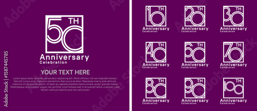 logo anniversary set. white color with square on purple background for special event