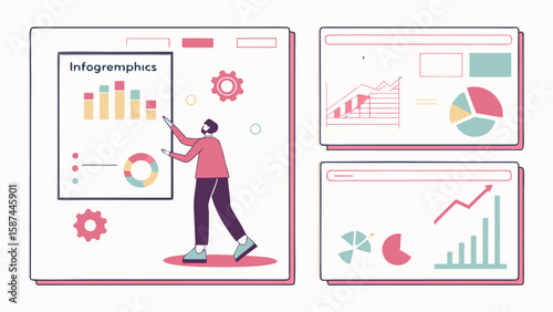 Man presenting infographics with bar charts, pie charts, and line graphs on multiple screens displayed here