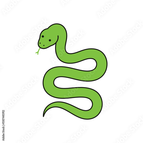 A green cartoon snake is coiled and isolated on white background, featuring a simple and stylized reptile illustration