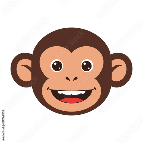 A cheerful cartoon monkey face with a wide smile is isolated on white background