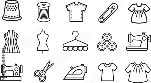 Sewing Supplies Thin Line Icon Set.Family Sewing Icons. Outline icon set of family sewing day: fabric, thread, sewing machine, needle, scissors, quilting,