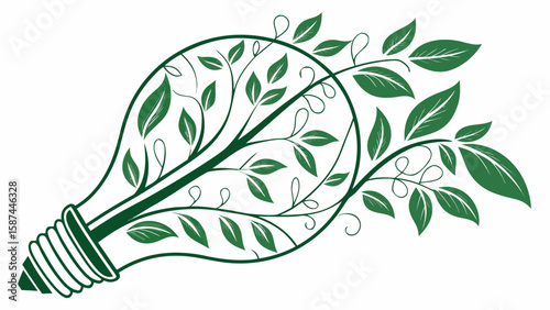 Illustration of a light bulb with green leaves and branches growing inside on a white background