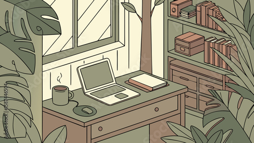 Illustration of a desk with a laptop, book, and coffee mug surrounded by plants and a bookshelf, indoor scene