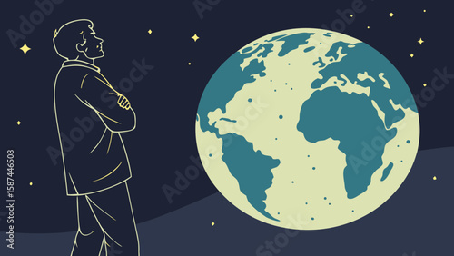 Man standing with arms crossed looking at earth in space with stars around on a dark background art