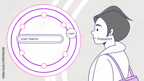 Illustration of a login interface with username and password fields and a stylized person nearby