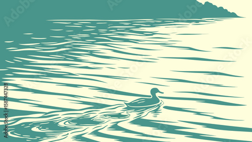 A serene illustration of a duck swimming on a lake with distant mountains in the background view