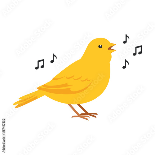 A yellow canary sings a cheerful song with musical notes floating around it on a white background