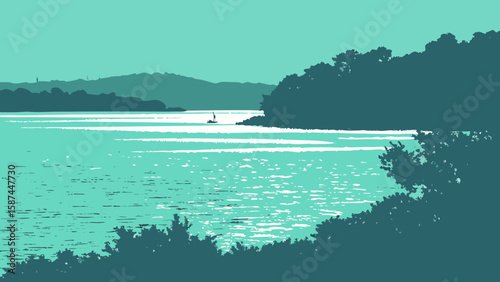 Calm teal water scene with distant hills and a paddle boarder near the shore, viewed from the forest