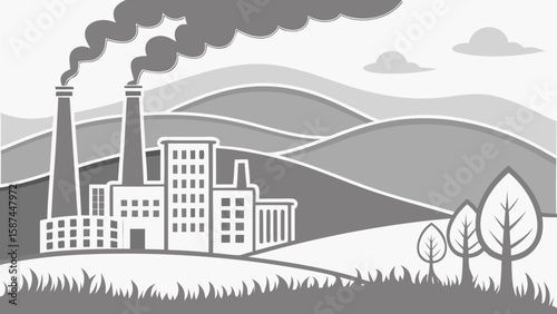 Illustration of a factory with smoke stacks releasing smoke into the air with trees and hills behind it