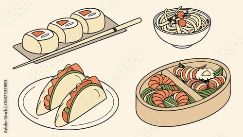 Illustration of sushi rolls, tacos, noodles, and a bento box on a light beige background