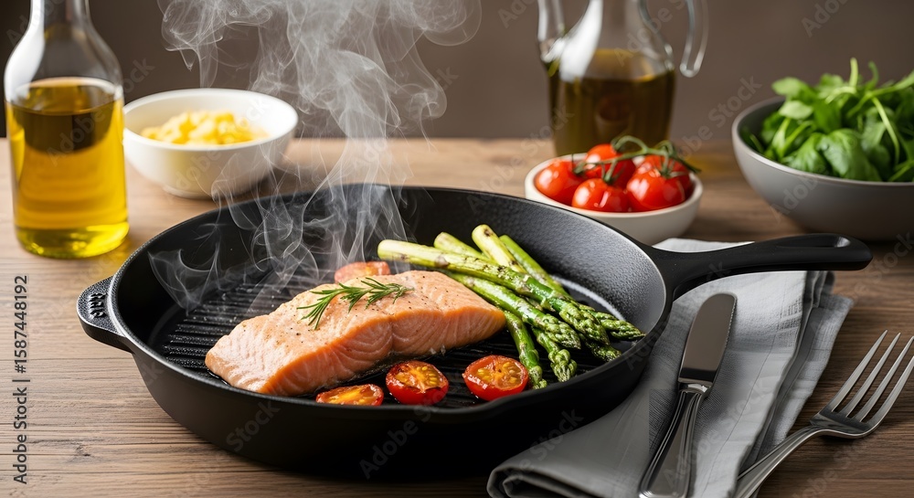 Fototapeta premium Steaming Salmon in Cast Iron Skillet with Grilled Asparagus and Tomatoes — Rustic Kitchen Scene
