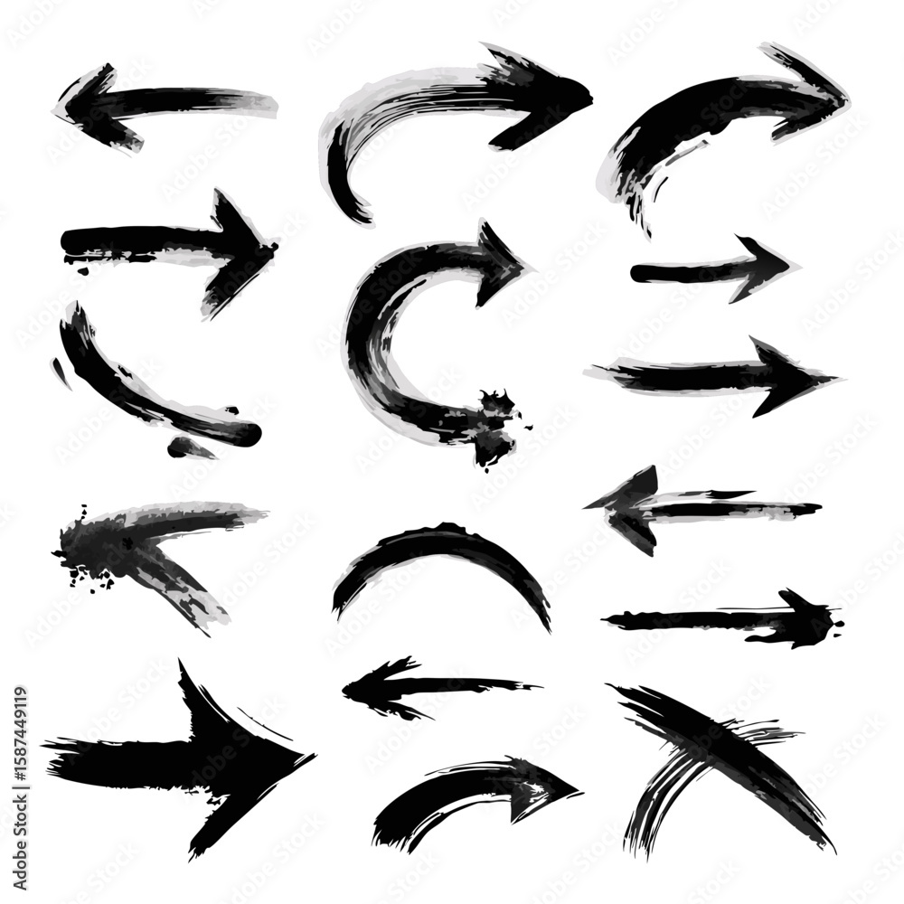 Fototapeta premium A black and white vector icon set of expressive brush stroke arrows designed for creative interfaces and artistic layouts. 