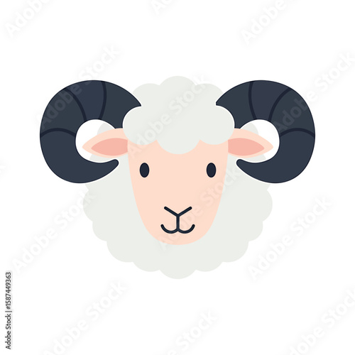 A charming sheep face with curly horns gazes forward, its fluffy wool and gentle expression creating a whimsical image isolated on white background