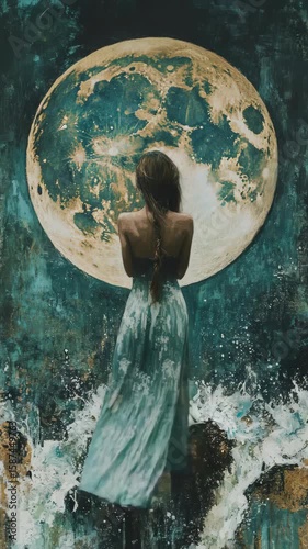 A painting of a woman standing in front of a full moon