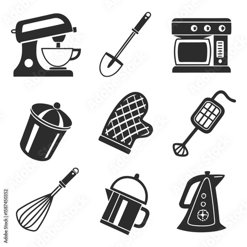 Flat design glyph icon set of kitchen cooking appliances.