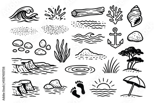 Hand Drawn Nautical Elements: Wave, Beach, Anchor, Palm Tree and Shell Illustration