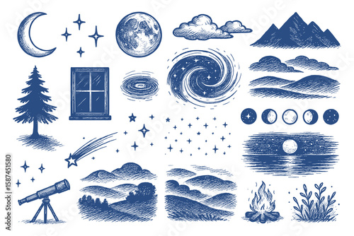 Hand Drawn Engraved Vector Illustration Set: Celestial Elements and Landscapes, Stars
