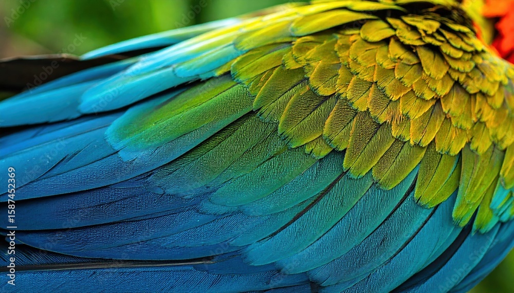 Fototapeta premium Close up view of vibrant blue green and yellow bird feathers showcasing intricate patterns and rich plumage