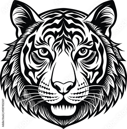 Fierce tiger head stylized black and white illustration vector
