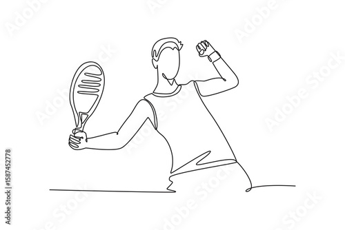 Champion. Young man, padel tennis player. padel concept. Single line draw design. Vector graphic illustration