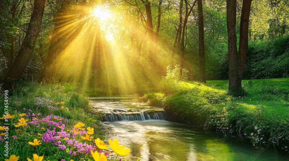 Fototapeta premium Springtime Beauty: Sunlit Stream Surrounded By Nature