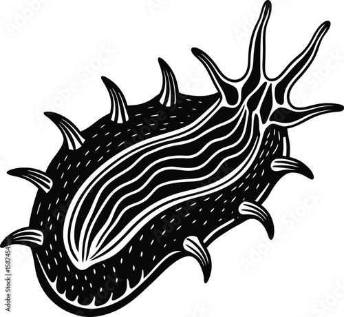 Black spiky sea creature with wavy lines and pointed appendages white
