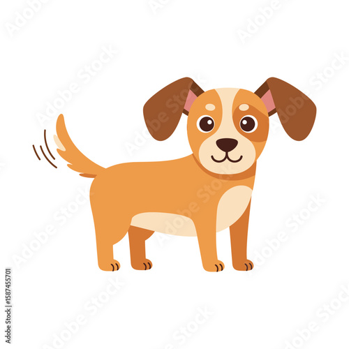 A happy tan puppy stands wagging its tail, isolated on white background