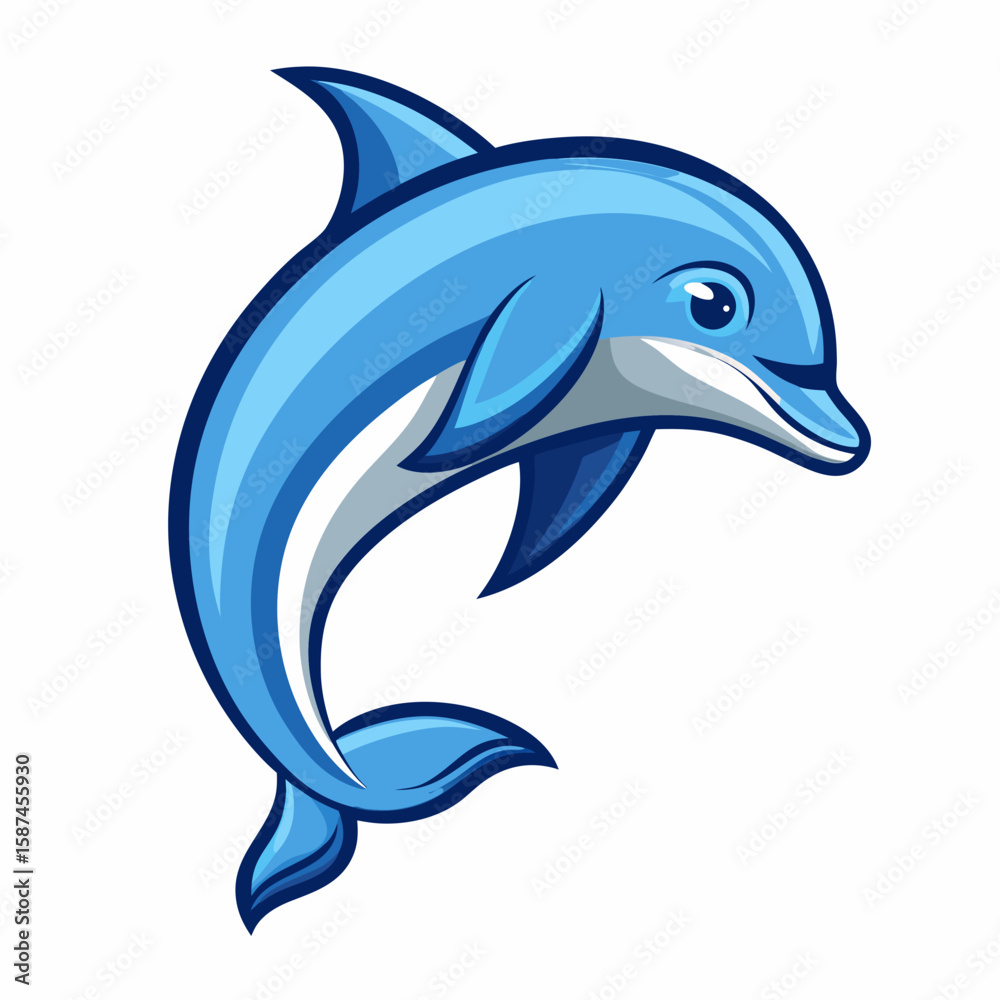 Fototapeta premium Graceful blue dolphin mascot leaping upward, perfect for branding, stickers, or playful design projects with marine animal themes.
