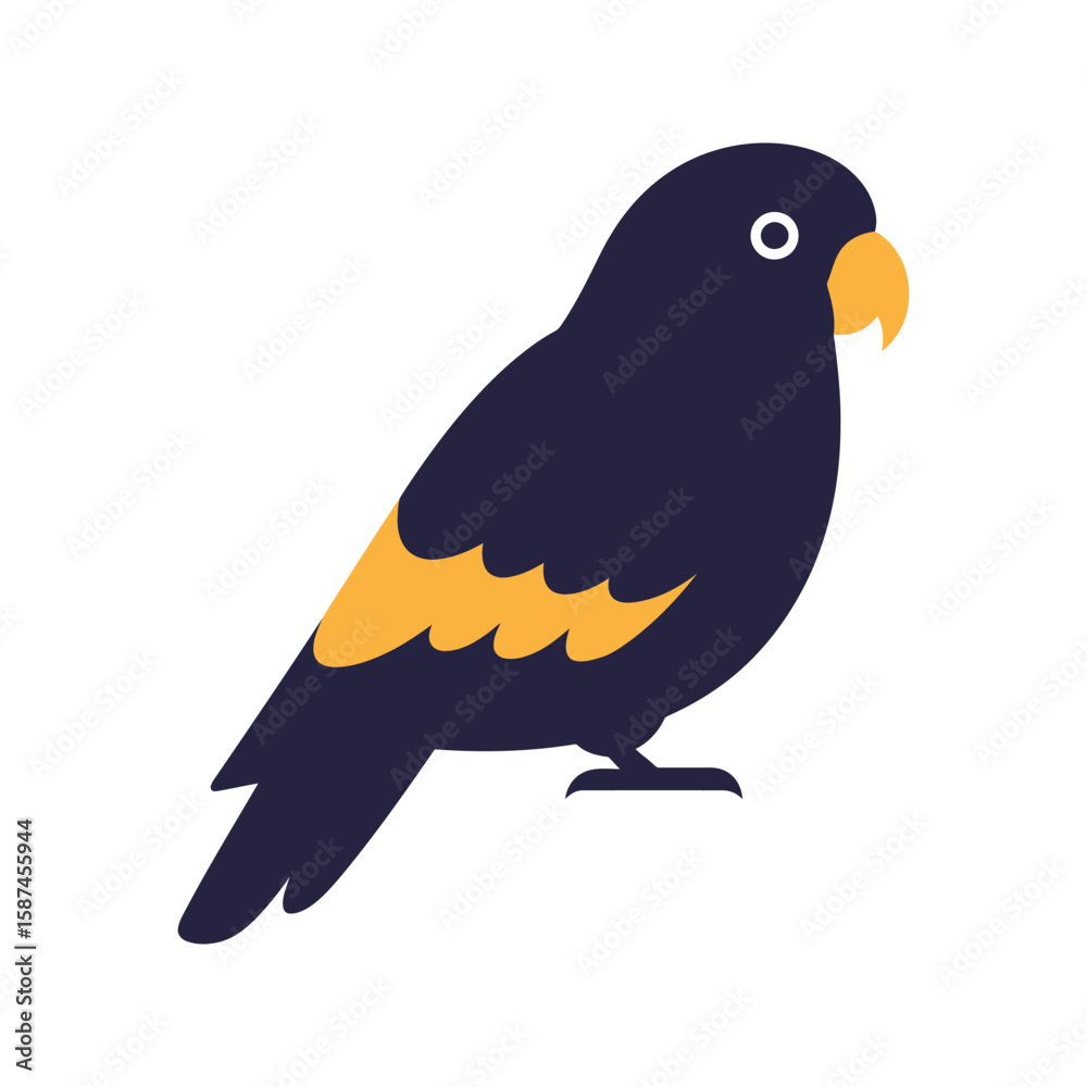 Fototapeta premium A black parrot with yellow markings is perched, isolated on white background
