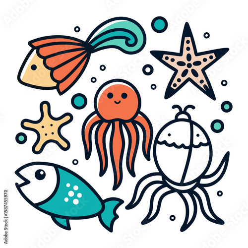 Cute sea life elements grouped together in a decorative pattern featuring starfish, fish, octopus and other aquatic creatures.