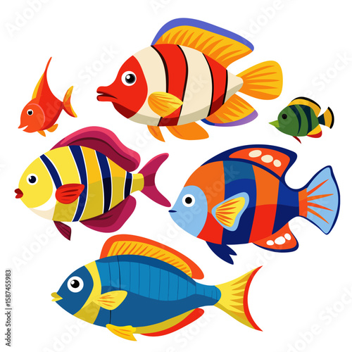 Colorful fish collection represents an ocean life, a design element perfect for stickers, icons, prints, or children's educational material.