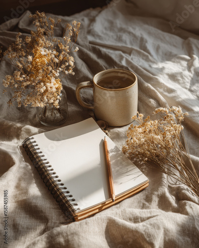 Top view of a minimal journaling workspace with dried flowers and notebook in soft beige lighting