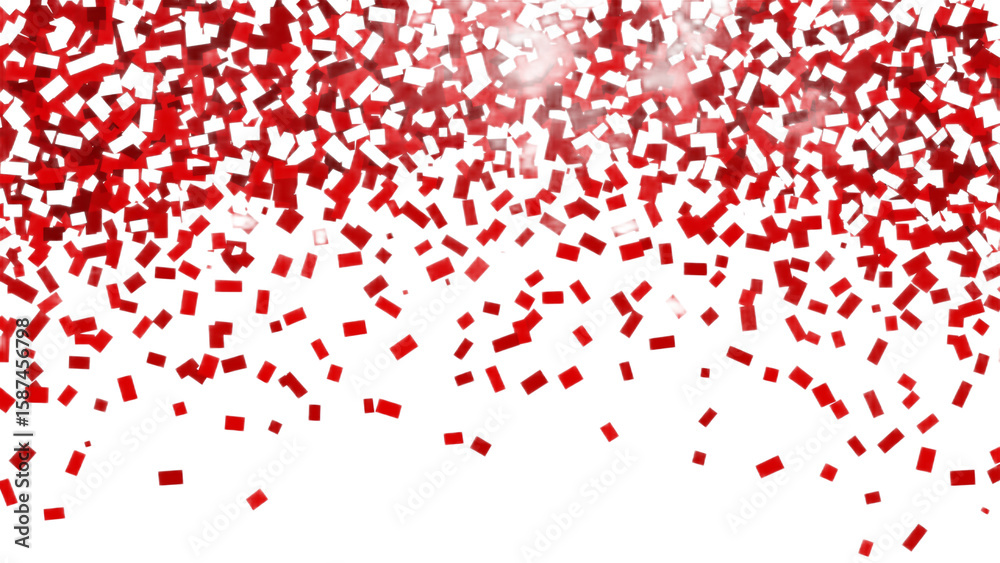 Obraz premium Red confetti falling on white background, celebratory shower of festive ribbons.