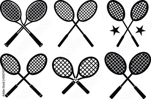 Two crossed tennis Rackets and Ball Silhouette set. Vector illustration