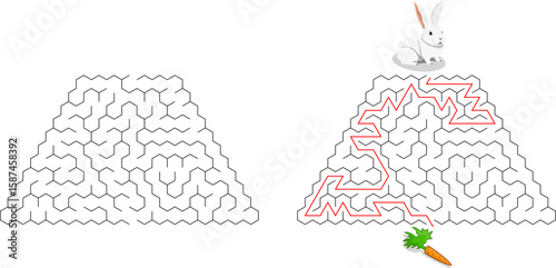 White bunny sits on the circus pedestal. Help it to find the carrot under the stand. Vector trapezium maze with animal. Labyrinth with entry and exit. Difficulty level - easy. Answer included