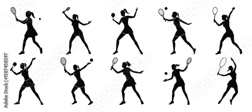 Girl Tennis players silhouette set. Diverse Player Hitting Ball with Racket collection Vector illustration