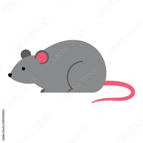 A cute gray mouse with pink ears and tail is isolated on white background
