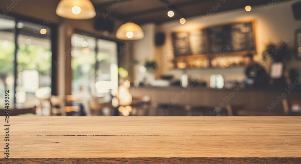 Empty Wooden Table with Blurred Warm Coffee Shop Interior Background Empty Wooden Table with Blurred Warm Coffee Shop Interior Background