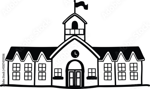 Black and White School Building Silhouette Vector, School Building Icon Illustration.