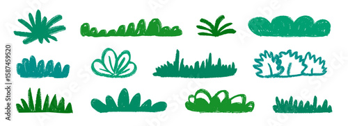 Hand drawn bushes and grass collection. Green crayon shrubbery and foliage set. Doodled shrub and tree shape bundle. Pencil sketched elements. Scribbled cartoon green plant pack. Vector illustration