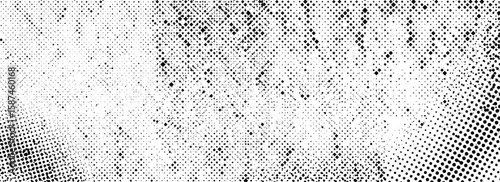 Rough grunge halftone texture. Distressed dirty aged background. Black dotted wallpaper for banner, poster, flyer, magazine, brochure. Scuffed ragged vector backdrop. Damaged glitched pixel overlay 