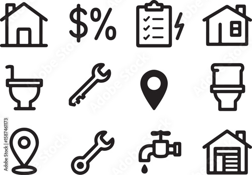 Collection of real estate and home service icons isolated on transparent background