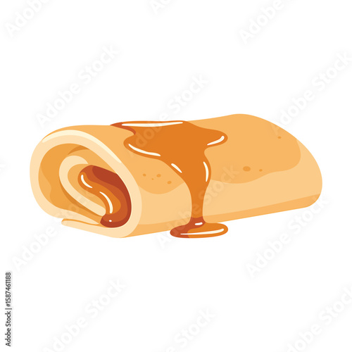 A delicious crepe with caramel sauce on a white background, perfect for breakfast, isolated on white background