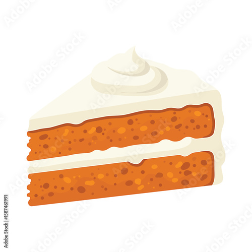 A delectable slice of carrot cake with creamy white frosting sits against a pristine white background, isolated on white background